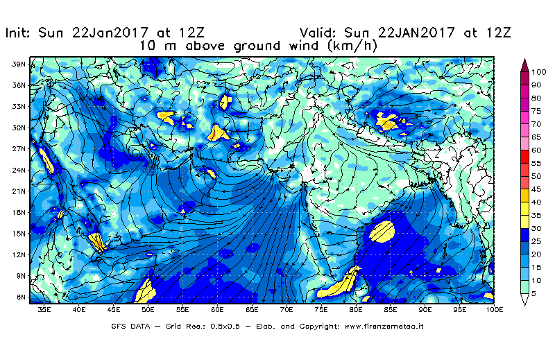 Mappa di analisi GFS - Velocità del vento a 10 metri dal suolo [km/h] in Asia Sud-Occidentale
							del 22/01/2017 12 <!--googleoff: index-->UTC<!--googleon: index-->