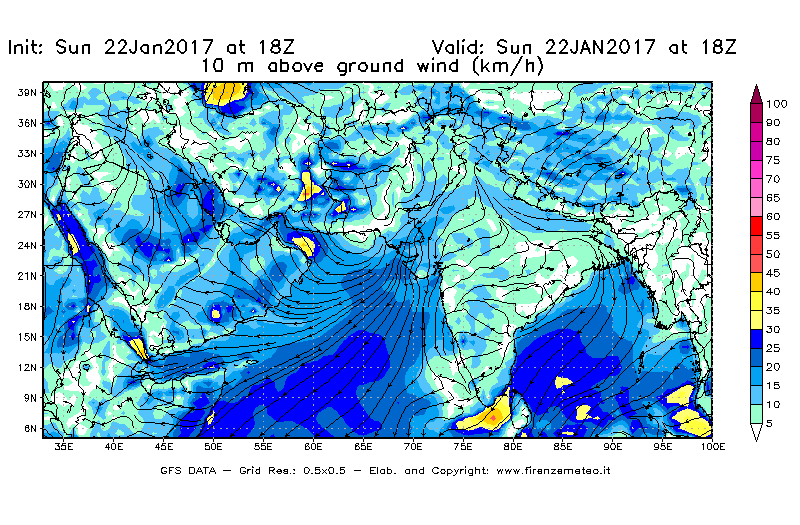 Mappa di analisi GFS - Velocità del vento a 10 metri dal suolo [km/h] in Asia Sud-Occidentale
							del 22/01/2017 18 <!--googleoff: index-->UTC<!--googleon: index-->