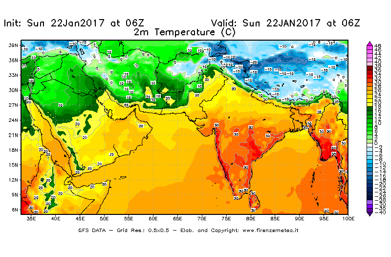 Mappa di analisi GFS - Temperatura a 2 metri dal suolo [°C] in Asia Sud-Occidentale
									del 22/01/2017 06 <!--googleoff: index-->UTC<!--googleon: index-->