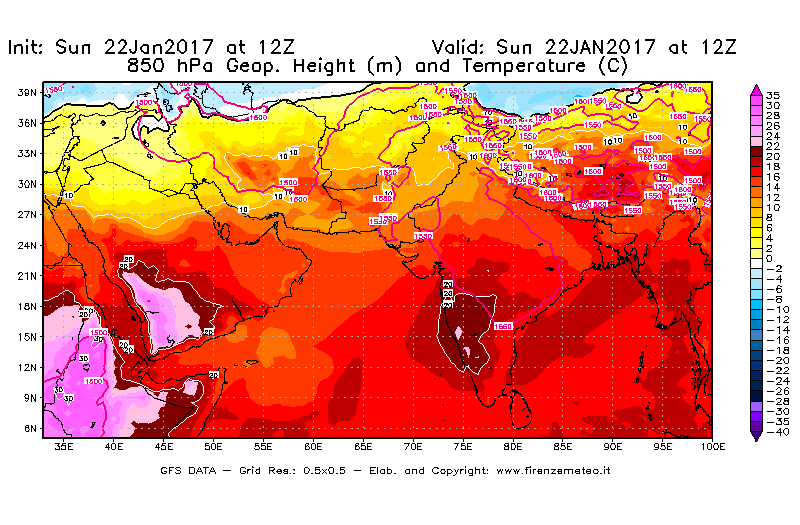Mappa di analisi GFS - Geopotenziale [m] e Temperatura [°C] a 850 hPa in Asia Sud-Occidentale
									del 22/01/2017 12 <!--googleoff: index-->UTC<!--googleon: index-->