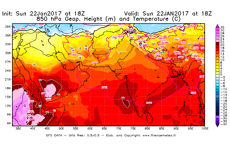 Mappa di analisi GFS - Geopotenziale [m] e Temperatura [°C] a 850 hPa in Asia Sud-Occidentale
							del 22/01/2017 18 <!--googleoff: index-->UTC<!--googleon: index-->