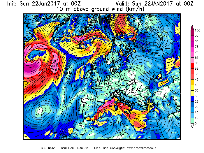 Mappa di analisi GFS - Velocità del vento a 10 metri dal suolo [km/h] in Europa
							del 22/01/2017 00 <!--googleoff: index-->UTC<!--googleon: index-->