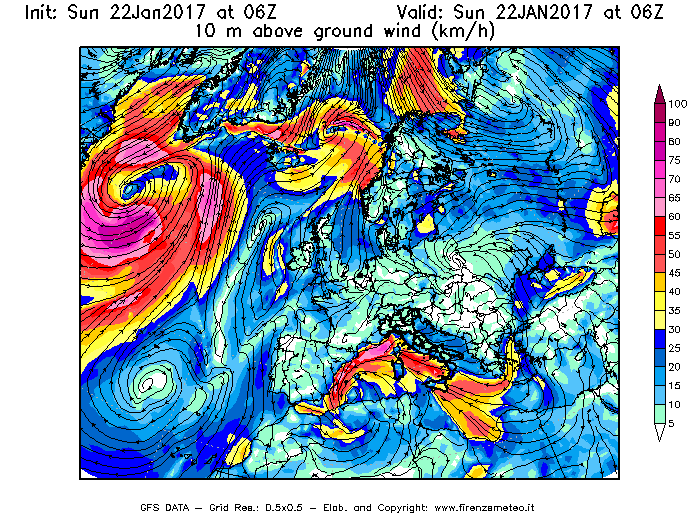 Mappa di analisi GFS - Velocità del vento a 10 metri dal suolo [km/h] in Europa
							del 22/01/2017 06 <!--googleoff: index-->UTC<!--googleon: index-->