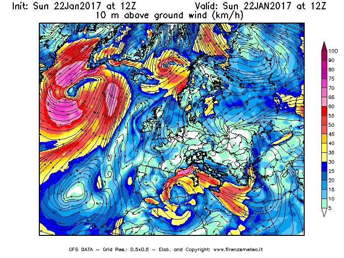 Mappa di analisi GFS - Velocità del vento a 10 metri dal suolo [km/h] in Europa
							del 22/01/2017 12 <!--googleoff: index-->UTC<!--googleon: index-->