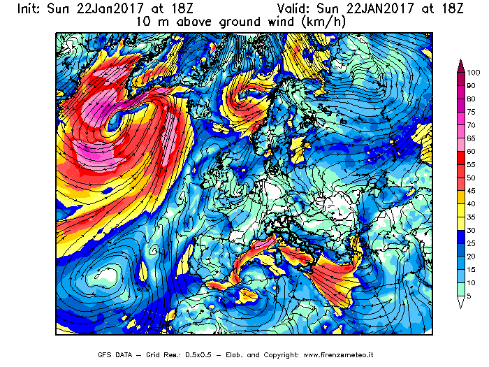 Mappa di analisi GFS - Velocità del vento a 10 metri dal suolo [km/h] in Europa
									del 22/01/2017 18 <!--googleoff: index-->UTC<!--googleon: index-->