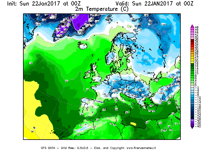Mappa di analisi GFS - Temperatura a 2 metri dal suolo [°C] in Europa
									del 22/01/2017 00 <!--googleoff: index-->UTC<!--googleon: index-->