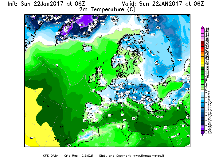 Mappa di analisi GFS - Temperatura a 2 metri dal suolo [°C] in Europa
							del 22/01/2017 06 <!--googleoff: index-->UTC<!--googleon: index-->