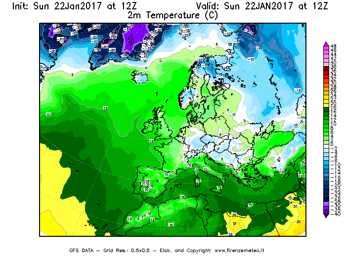 Mappa di analisi GFS - Temperatura a 2 metri dal suolo [°C] in Europa
									del 22/01/2017 12 <!--googleoff: index-->UTC<!--googleon: index-->