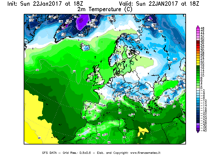 Mappa di analisi GFS - Temperatura a 2 metri dal suolo [°C] in Europa
									del 22/01/2017 18 <!--googleoff: index-->UTC<!--googleon: index-->