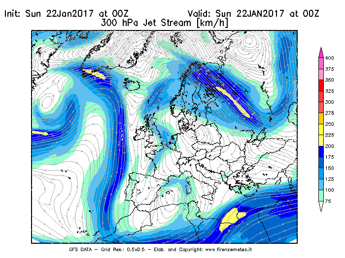 Mappa di analisi GFS - Jet Stream a 300 hPa in Europa
							del 22/01/2017 00 <!--googleoff: index-->UTC<!--googleon: index-->