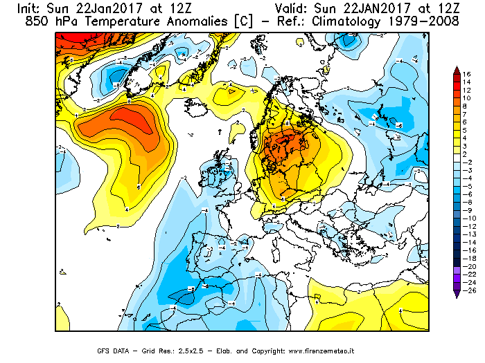 Mappa di analisi GFS - Anomalia Temperatura [°C] a 850 hPa in Europa
							del 22/01/2017 12 <!--googleoff: index-->UTC<!--googleon: index-->