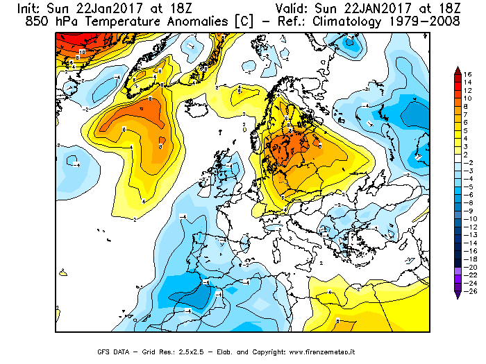 Mappa di analisi GFS - Anomalia Temperatura [°C] a 850 hPa in Europa
									del 22/01/2017 18 <!--googleoff: index-->UTC<!--googleon: index-->