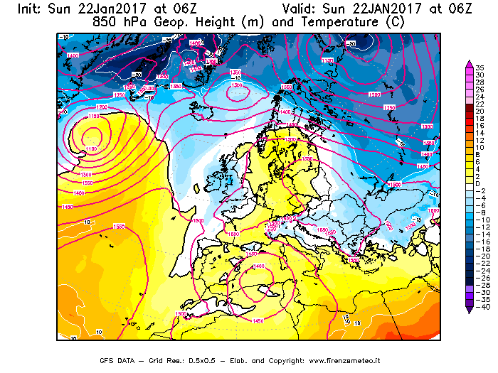 Mappa di analisi GFS - Geopotenziale [m] e Temperatura [°C] a 850 hPa in Europa
							del 22/01/2017 06 <!--googleoff: index-->UTC<!--googleon: index-->