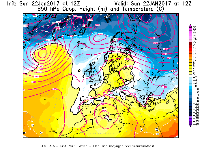 Mappa di analisi GFS - Geopotenziale [m] e Temperatura [°C] a 850 hPa in Europa
									del 22/01/2017 12 <!--googleoff: index-->UTC<!--googleon: index-->