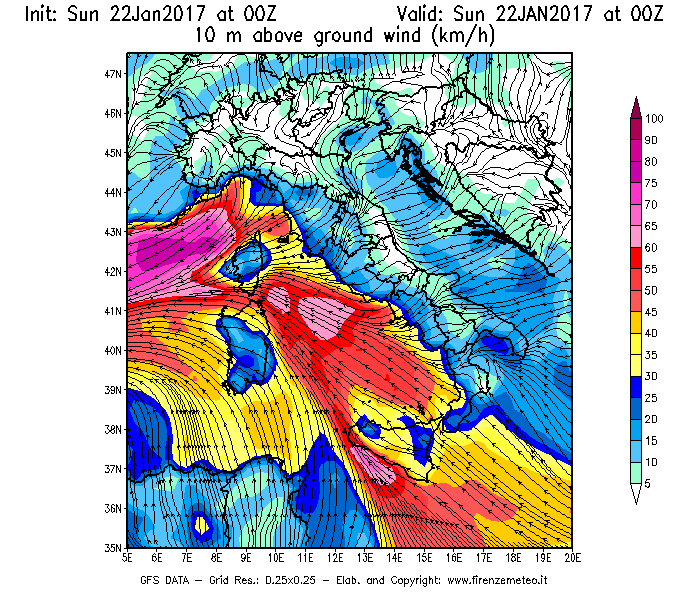 Mappa di analisi GFS - Velocità del vento a 10 metri dal suolo [km/h] in Italia
							del 22/01/2017 00 <!--googleoff: index-->UTC<!--googleon: index-->