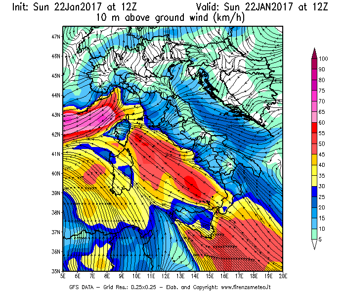 Mappa di analisi GFS - Velocità del vento a 10 metri dal suolo [km/h] in Italia
									del 22/01/2017 12 <!--googleoff: index-->UTC<!--googleon: index-->