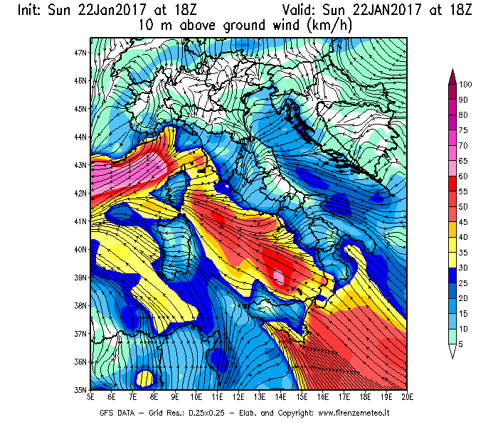 Mappa di analisi GFS - Velocità del vento a 10 metri dal suolo [km/h] in Italia
									del 22/01/2017 18 <!--googleoff: index-->UTC<!--googleon: index-->