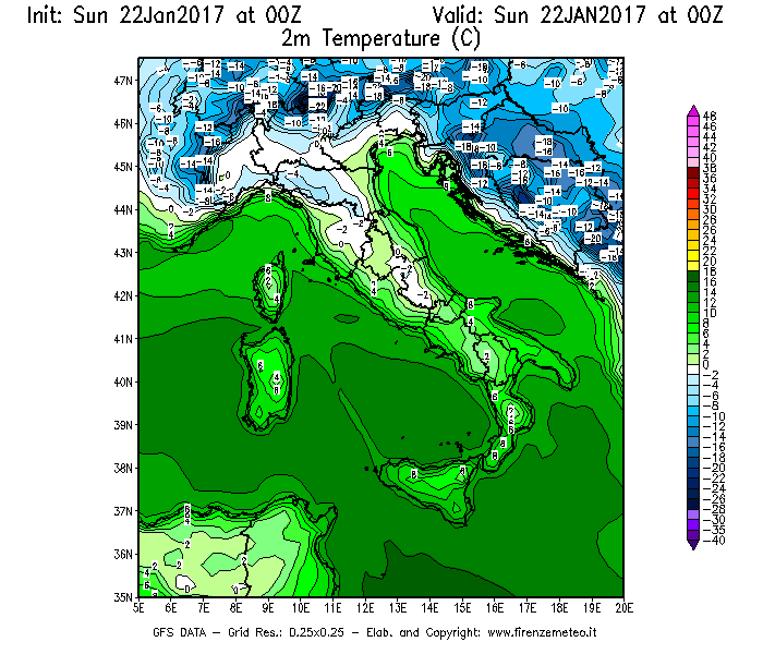 Mappa di analisi GFS - Temperatura a 2 metri dal suolo [°C] in Italia
							del 22/01/2017 00 <!--googleoff: index-->UTC<!--googleon: index-->