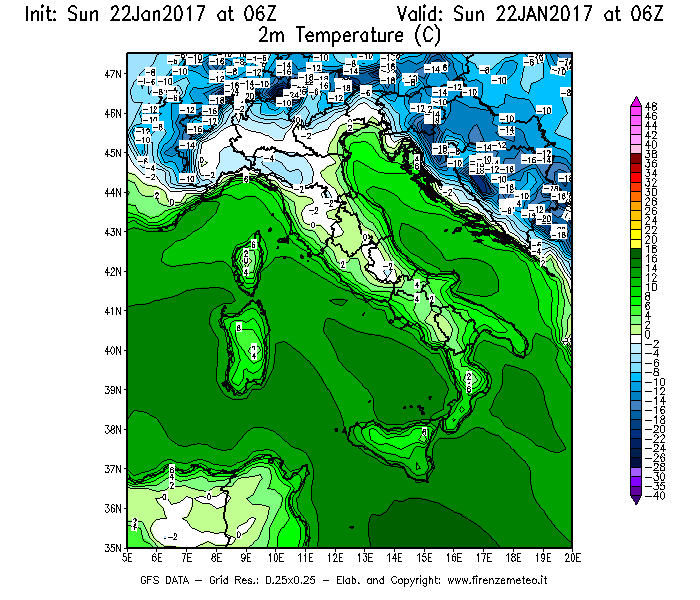 Mappa di analisi GFS - Temperatura a 2 metri dal suolo [°C] in Italia
									del 22/01/2017 06 <!--googleoff: index-->UTC<!--googleon: index-->