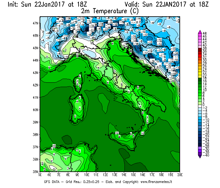 Mappa di analisi GFS - Temperatura a 2 metri dal suolo [°C] in Italia
									del 22/01/2017 18 <!--googleoff: index-->UTC<!--googleon: index-->