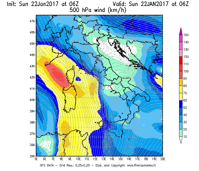 Mappa di analisi GFS - Velocità del vento a 500 hPa [km/h] in Italia
									del 22/01/2017 06 <!--googleoff: index-->UTC<!--googleon: index-->