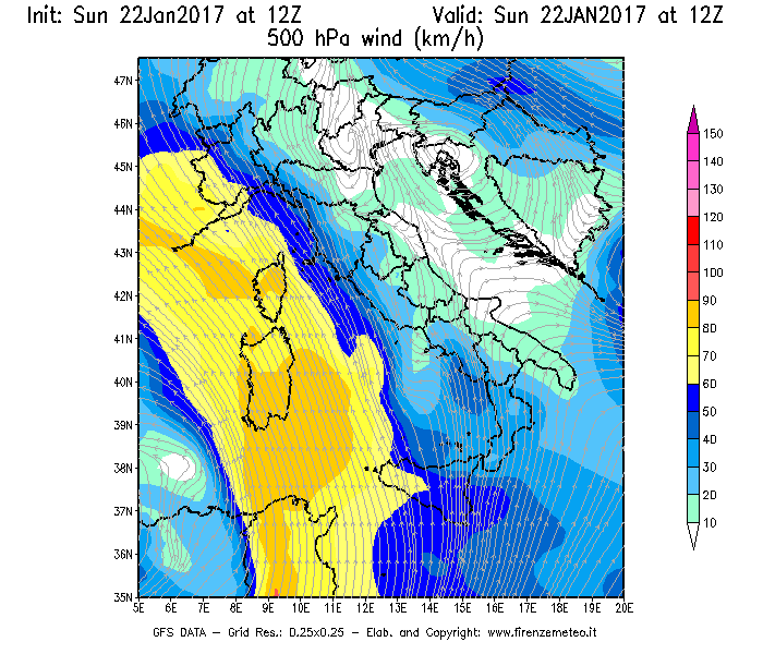 Mappa di analisi GFS - Velocità del vento a 500 hPa [km/h] in Italia
									del 22/01/2017 12 <!--googleoff: index-->UTC<!--googleon: index-->