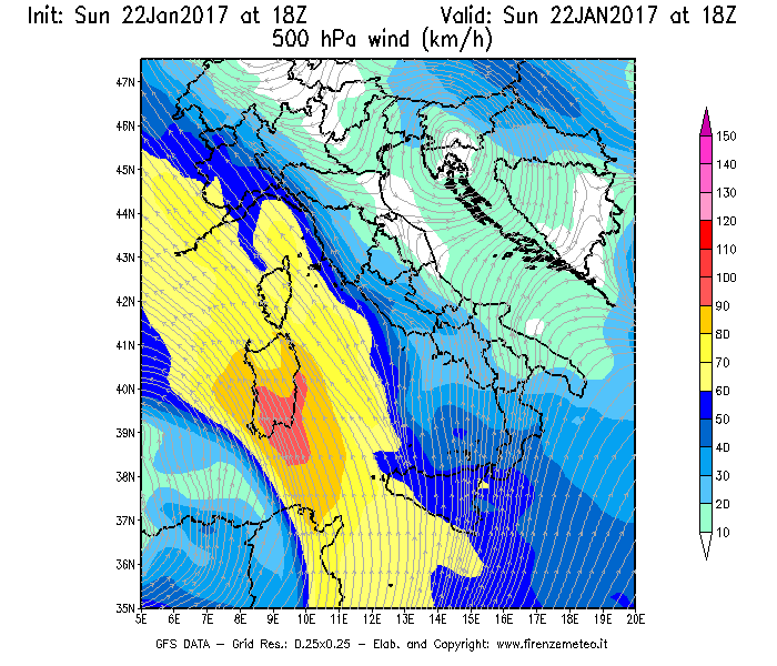 Mappa di analisi GFS - Velocità del vento a 500 hPa [km/h] in Italia
									del 22/01/2017 18 <!--googleoff: index-->UTC<!--googleon: index-->