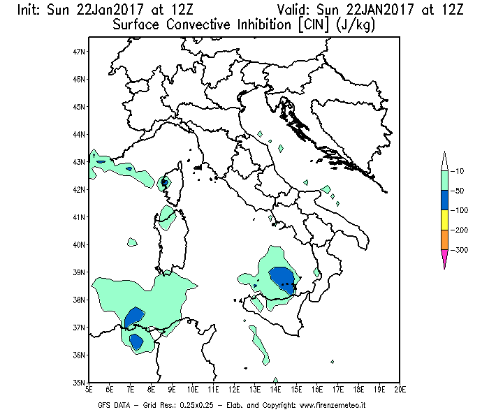 Mappa di analisi GFS - CIN [J/kg] in Italia
							del 22/01/2017 12 <!--googleoff: index-->UTC<!--googleon: index-->