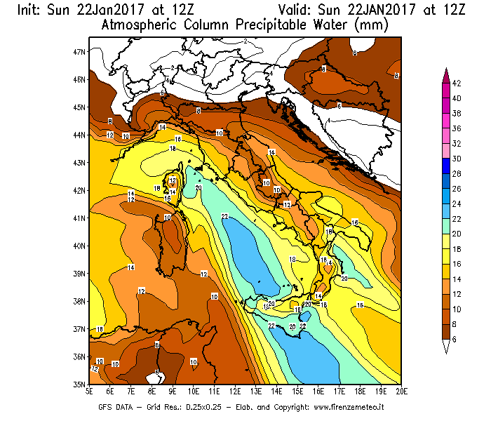 Mappa di analisi GFS - Precipitable Water [mm] in Italia
									del 22/01/2017 12 <!--googleoff: index-->UTC<!--googleon: index-->