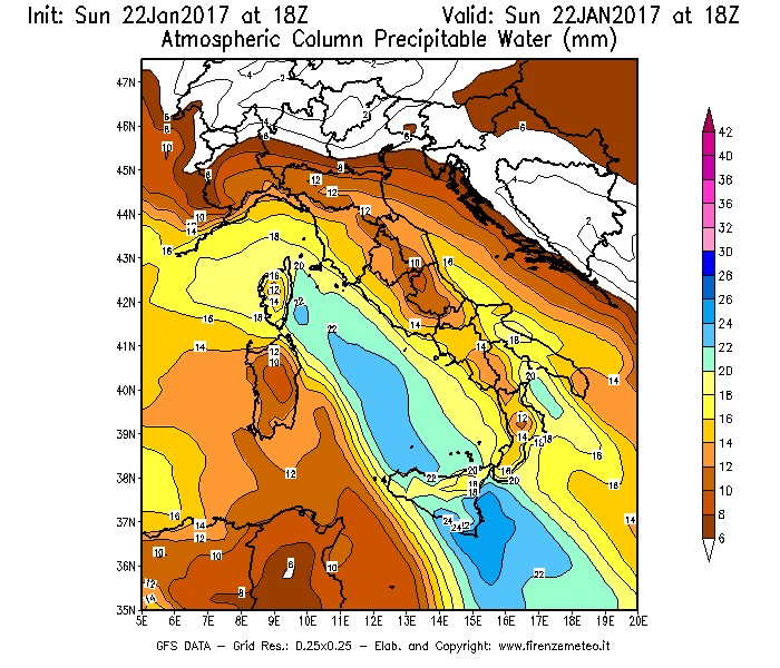 Mappa di analisi GFS - Precipitable Water [mm] in Italia
									del 22/01/2017 18 <!--googleoff: index-->UTC<!--googleon: index-->