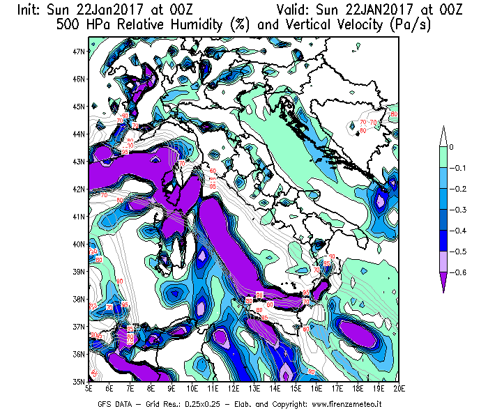 Mappa di analisi GFS - Umidità relativa [%] e Omega [Pa/s] a 500 hPa in Italia
									del 22/01/2017 00 <!--googleoff: index-->UTC<!--googleon: index-->
