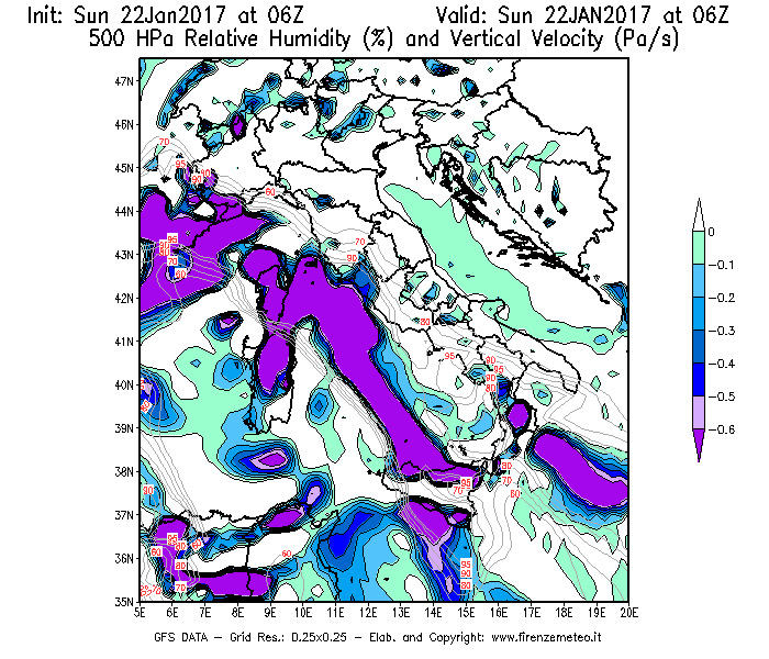 Mappa di analisi GFS - Umidità relativa [%] e Omega [Pa/s] a 500 hPa in Italia
									del 22/01/2017 06 <!--googleoff: index-->UTC<!--googleon: index-->