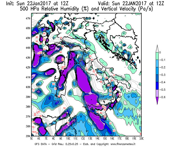 Mappa di analisi GFS - Umidità relativa [%] e Omega [Pa/s] a 500 hPa in Italia
									del 22/01/2017 12 <!--googleoff: index-->UTC<!--googleon: index-->