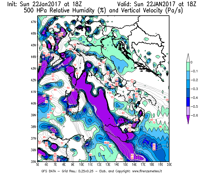 Mappa di analisi GFS - Umidità relativa [%] e Omega [Pa/s] a 500 hPa in Italia
							del 22/01/2017 18 <!--googleoff: index-->UTC<!--googleon: index-->