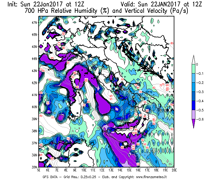 Mappa di analisi GFS - Umidità relativa [%] e Omega [Pa/s] a 700 hPa in Italia
									del 22/01/2017 12 <!--googleoff: index-->UTC<!--googleon: index-->