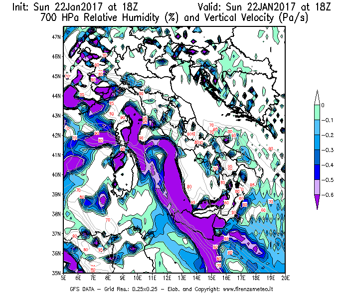 Mappa di analisi GFS - Umidità relativa [%] e Omega [Pa/s] a 700 hPa in Italia
									del 22/01/2017 18 <!--googleoff: index-->UTC<!--googleon: index-->