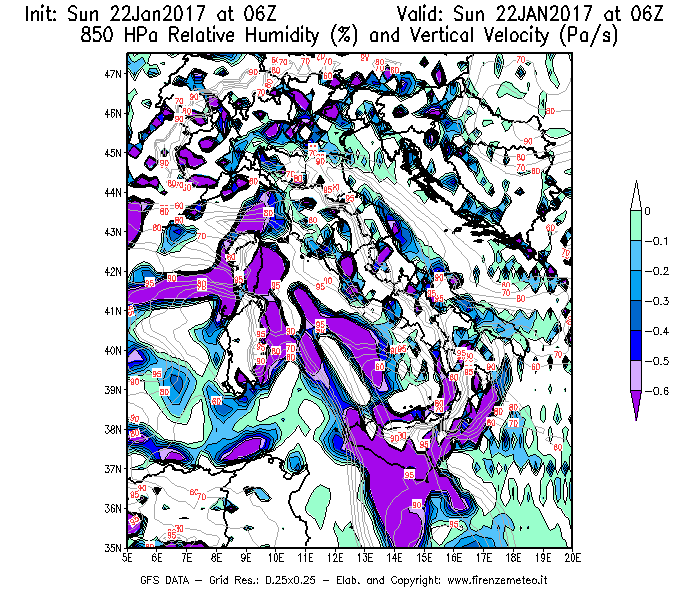 Mappa di analisi GFS - Umidità relativa [%] e Omega [Pa/s] a 850 hPa in Italia
									del 22/01/2017 06 <!--googleoff: index-->UTC<!--googleon: index-->