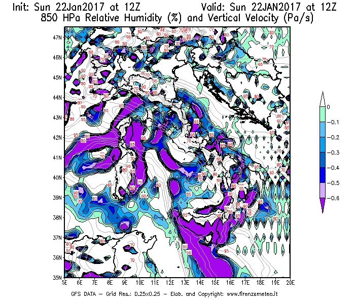 Mappa di analisi GFS - Umidità relativa [%] e Omega [Pa/s] a 850 hPa in Italia
							del 22/01/2017 12 <!--googleoff: index-->UTC<!--googleon: index-->