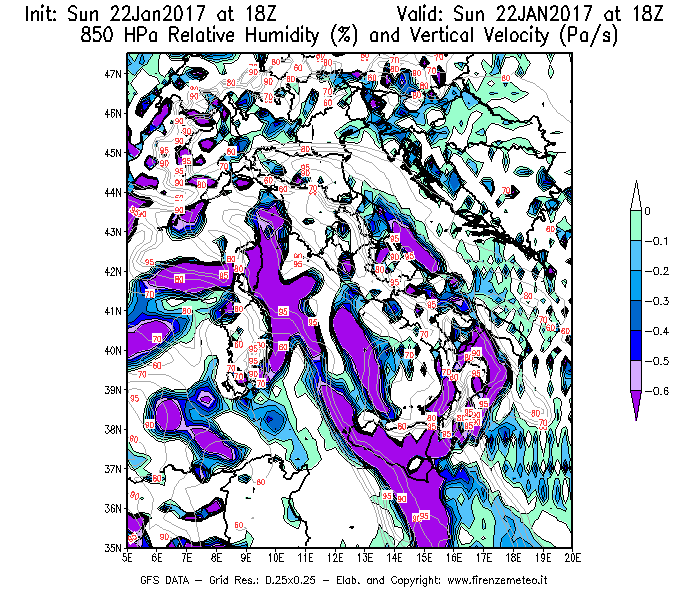 Mappa di analisi GFS - Umidità relativa [%] e Omega [Pa/s] a 850 hPa in Italia
							del 22/01/2017 18 <!--googleoff: index-->UTC<!--googleon: index-->