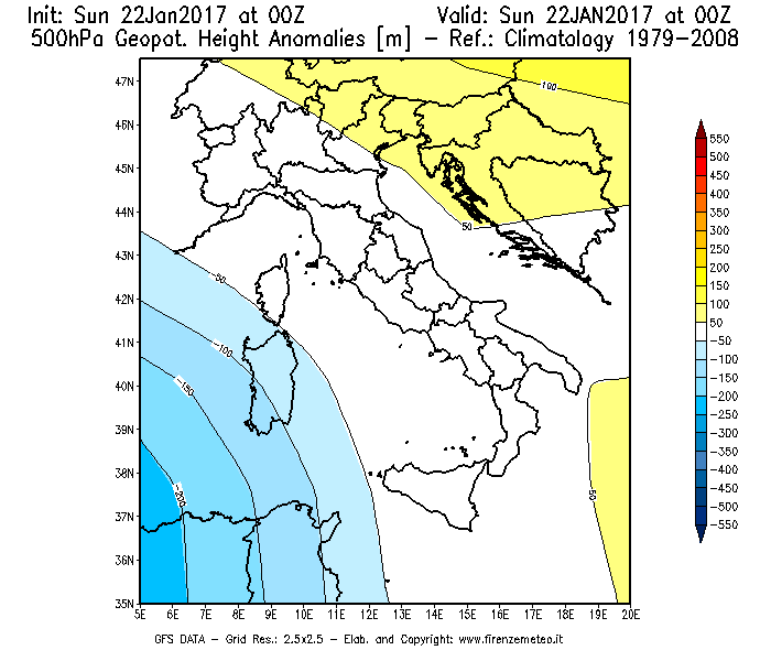 Mappa di analisi GFS - Anomalia di Geopotenziale a 500 hPa in Italia
									del 22/01/2017 00 <!--googleoff: index-->UTC<!--googleon: index-->