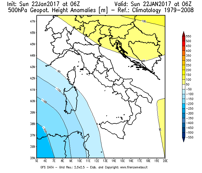 Mappa di analisi GFS - Anomalia di Geopotenziale a 500 hPa in Italia
									del 22/01/2017 06 <!--googleoff: index-->UTC<!--googleon: index-->