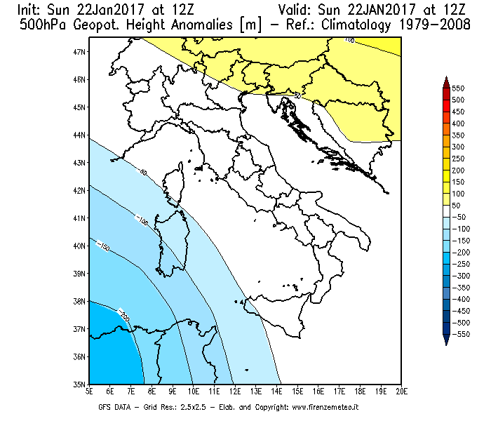 Mappa di analisi GFS - Anomalia di Geopotenziale a 500 hPa in Italia
									del 22/01/2017 12 <!--googleoff: index-->UTC<!--googleon: index-->