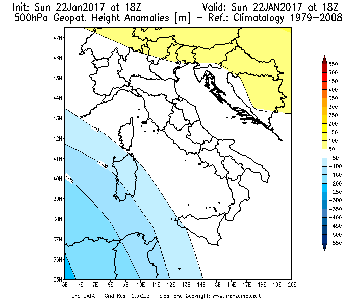 Mappa di analisi GFS - Anomalia di Geopotenziale a 500 hPa in Italia
							del 22/01/2017 18 <!--googleoff: index-->UTC<!--googleon: index-->