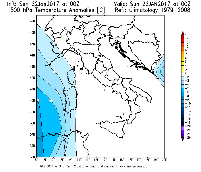 Mappa di analisi GFS - Anomalia Temperatura [°C] a 500 hPa in Italia
							del 22/01/2017 00 <!--googleoff: index-->UTC<!--googleon: index-->