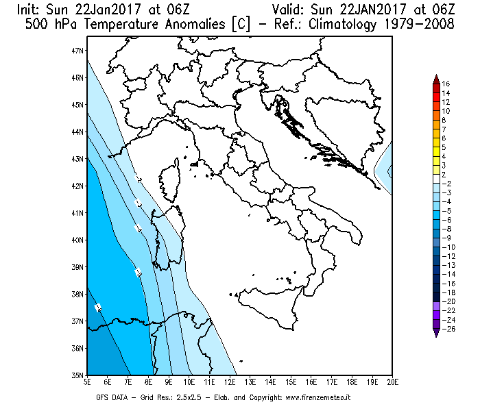Mappa di analisi GFS - Anomalia Temperatura [°C] a 500 hPa in Italia
							del 22/01/2017 06 <!--googleoff: index-->UTC<!--googleon: index-->