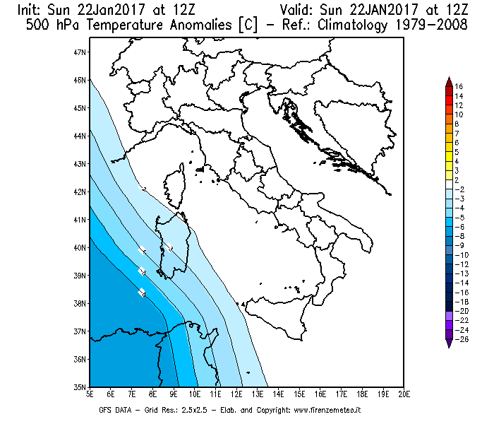 Mappa di analisi GFS - Anomalia Temperatura [°C] a 500 hPa in Italia
									del 22/01/2017 12 <!--googleoff: index-->UTC<!--googleon: index-->