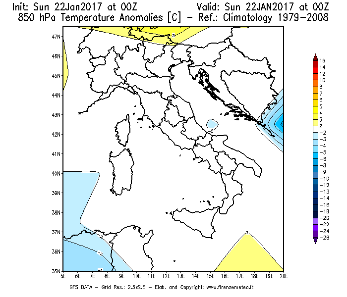 Mappa di analisi GFS - Anomalia Temperatura [°C] a 850 hPa in Italia
							del 22/01/2017 00 <!--googleoff: index-->UTC<!--googleon: index-->