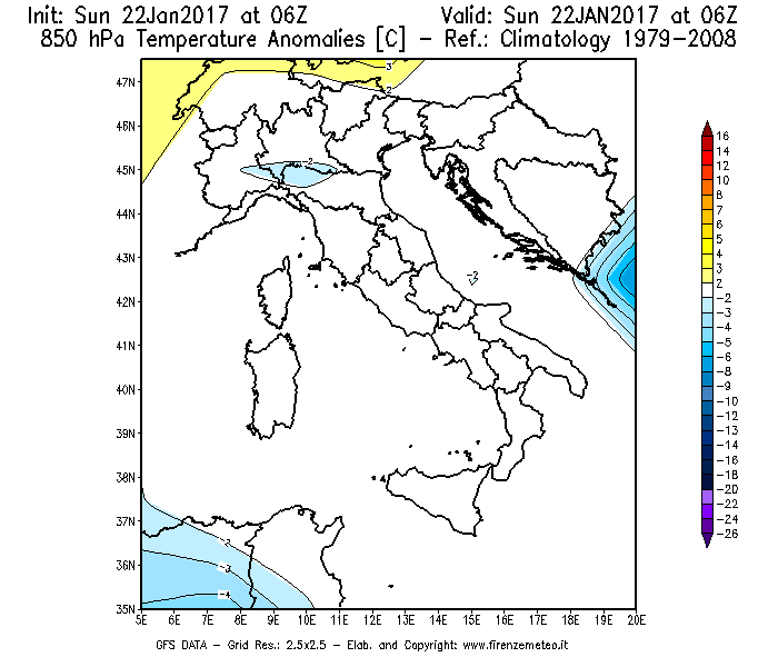 Mappa di analisi GFS - Anomalia Temperatura [°C] a 850 hPa in Italia
									del 22/01/2017 06 <!--googleoff: index-->UTC<!--googleon: index-->