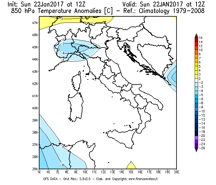 Mappa di analisi GFS - Anomalia Temperatura [°C] a 850 hPa in Italia
									del 22/01/2017 12 <!--googleoff: index-->UTC<!--googleon: index-->