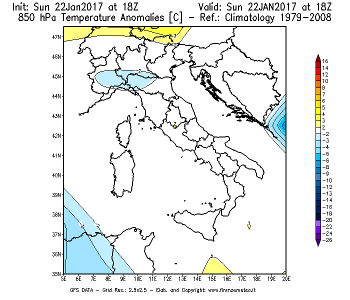Mappa di analisi GFS - Anomalia Temperatura [°C] a 850 hPa in Italia
									del 22/01/2017 18 <!--googleoff: index-->UTC<!--googleon: index-->